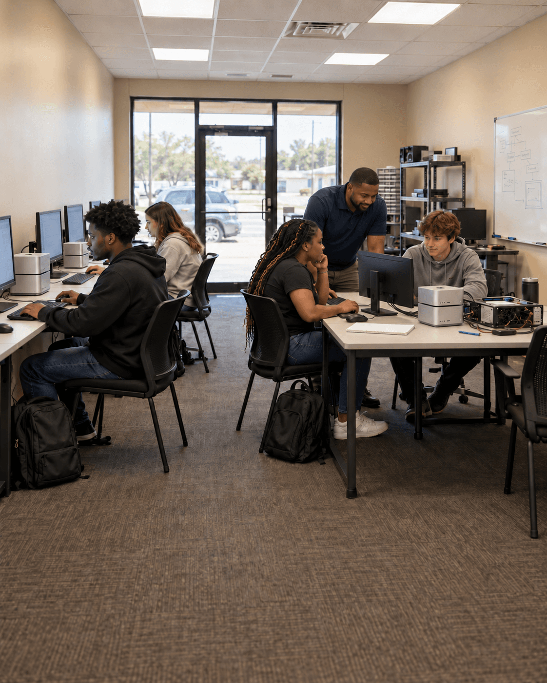 Concept illustration of young adults learning with a coach in the planned NextChapter AI Career Lab